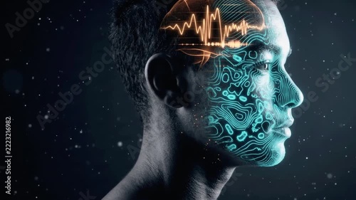 3D biometric scan of teen face revealing glowing microbiome map and brain waves