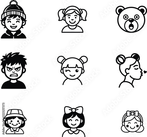 Set of nine cartoon faces showing various emotions and characters with transparent background