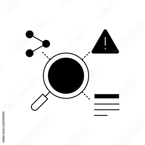 Cybersecurity icon using a magnifier to inspect a suspicious signal beside an alert symbol, representing malware detection, threat investigation, vulnerability scanning, and risk analysis.