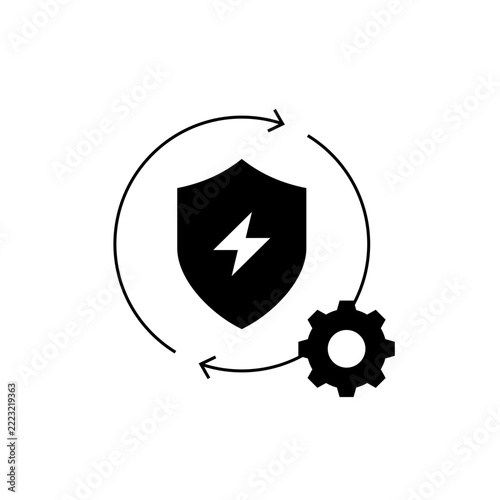 Cybersecurity icon with lightning shield and rotating gear, representing rapid incident response, automated recovery, active cyber defense, system resilience, and security monitoring.