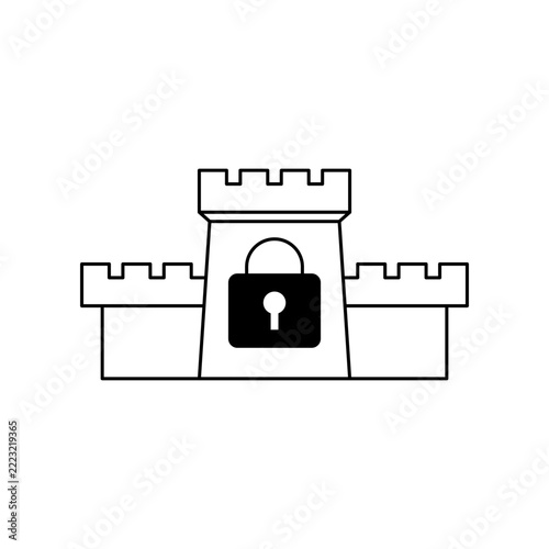 Cybersecurity icon depicting a locked fortress as a firewall, symbolizing strong perimeter defense, restricted access, intrusion prevention, digital asset protection, and network security.