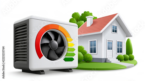 Pompe à chaleur domestique : chauffage écologique près d'une maison avec jauge d'efficacité et aides à la rénovation, isolé sur fond blanc