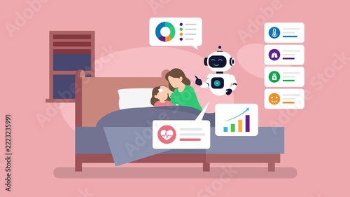 AI Healthcare Robot Assistant Monitoring Sick Child and Mother Bedside cartoon animation