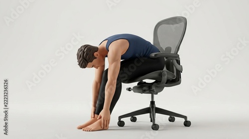 3D character doing seated forward bend stretch on modern office chair