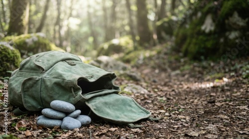 Green Canvas Rucksack on Mossy Trail with Smooth Pebbles