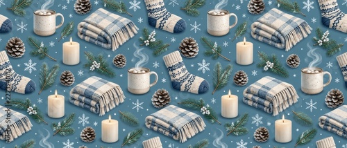 Winter patterns with mugs, candles, pinecones, evergreen branches, snowflakes, knitted socks, and plaid blankets arranged on blue background, cozy seasonal textile design with copy space for holiday,‌