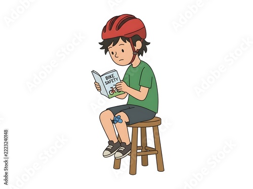 Young boy wearing a bicycle helmet reading a bike safety manual while sitting on a wooden stool alone