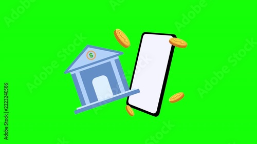 Mobile Banking Concept with Smartphone, Bank Building and Floating Coins