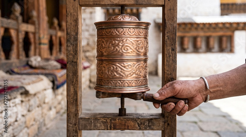 Traditional prayer wheel being spun by hand in temple setting, showcasing intricate designs and craftsmanship. Cultural significance of traditional prayer wheel is highlighted in religious practices.
