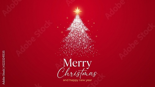 Sparkling Christmas tree vector background, glowing holiday card template with red backdrop, elegant winter season banner