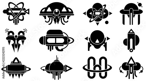 Set of twelve black sci-fi emblems, futuristic space ship and planet symbols, tech badge silhouettes, abstract mechanical shape, icon collection