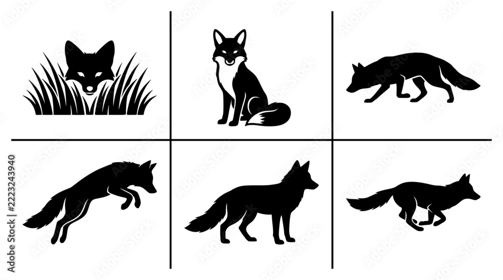 Obraz premium Fox silhouettes set with figures in various poses, animal icons for nature or wildlife themes