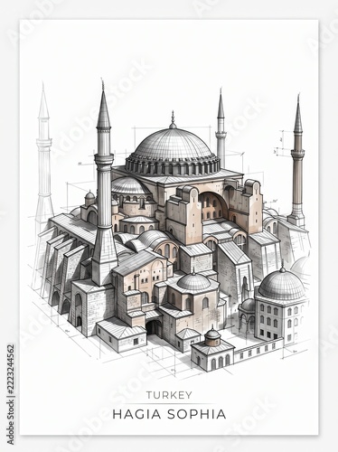 Architectural Illustration of Hagia Sophia in Turkey