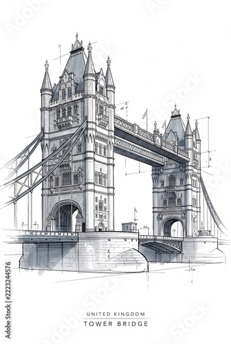Tower Bridge Architectural Illustration in Monochrome Style
