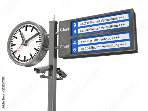 Eine Bahnhofsuhr neben einer digitalen Anzeigetafel mit Zugverspätungen und Gleisangaben symbolisiert die Unpünktlichkeit und Zuverlässigkeit des deutschen Bahnverkehrs. Freigestellt
