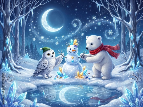 Enchanted Winter Scene with Snowman and Animals