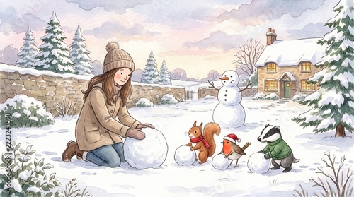 Cute Christmas Characters Building a Snowman, Winter Scene with Snowman and Woodland Animals