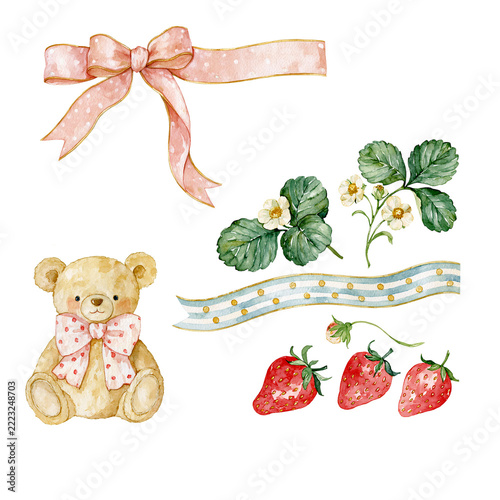 Watercolor baby shower elements with teddy bear and strawberries