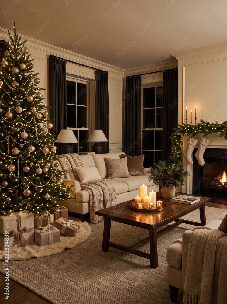 Naklejka premium Decorated Christmas tree in an elegant living room with fireplace and wrapped gifts. Cozy holiday home interior. Christmas celebration and seasonal decorating. Festive family gathering