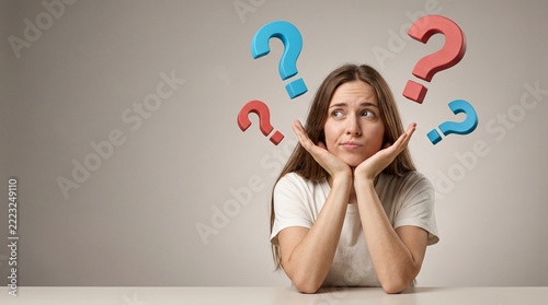 Young woman looking thoughtful while contemplating various floating colorful question marks with person mark decision making problem solving