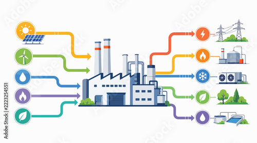 Renewable energy factory with solar wind and water power icons