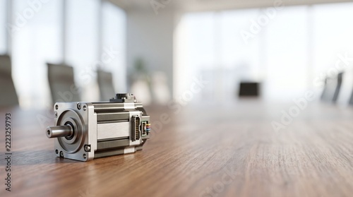 Industrial servo motor positioned on a polished wooden conference table in a bright modern office