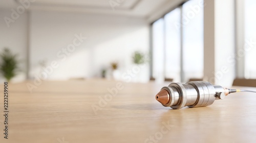 Industrial metal nozzle with cable resting on a polished wooden table bright modern interior background