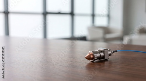 Precision metal nozzle with blue cable rests on polished wooden surface modern interior backdrop