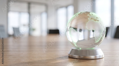 Transparent globe with green glowing continents rests on a wooden table in a modern office