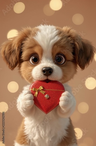 3D Toy Dog Holding Red Heart Isolated on White Background