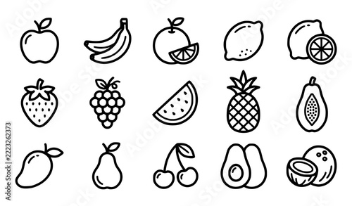 Bold Simple Outline Icons of Fresh Healthy Fruits Vector Set