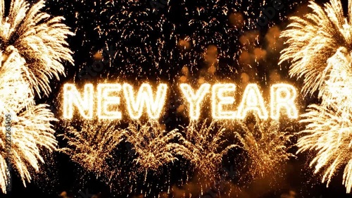 Bright golden fireworks exploding in dark night sky.