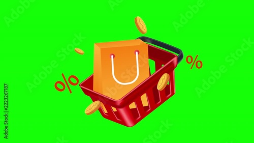 Shopping Discount Concept with Red Basket, Shopping Bag, Coins and Percentage Symbols