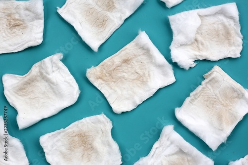 Dirty cotton pads after removing facial makeup