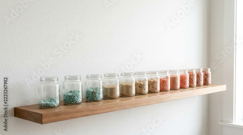 Row of Glass Jars with Colorful Sand Gradient on Wooden Shelf