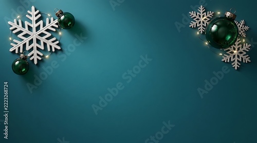 Christmas festive border with shimmering snowflakes and dark green baubles on emerald background flat lay snowflake ornament decoration seasonal celebration metallic