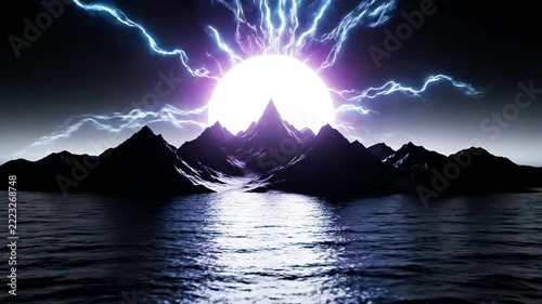 Dramatic mountain landscape with lightning striking under a dark sky.