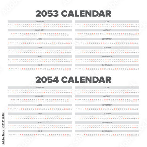 2053 and 2054 Linear Calendar Templates