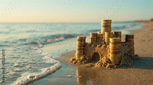 Detailed Sandcastle on Sandy Beach with Incoming Tide at Sunset
