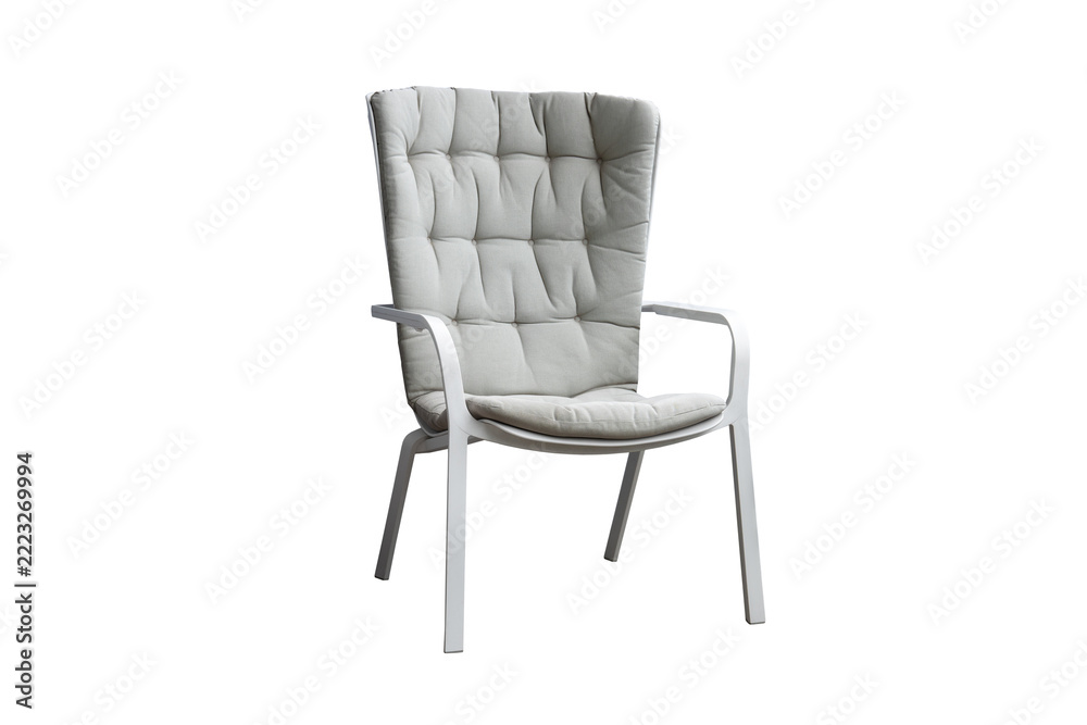 Obraz premium Modern high back armchair with soft gray tufted cushion isolated on white background
