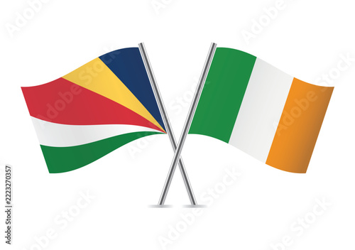 Seychelles and Ireland crossed flags on a white background. Vector illustration.