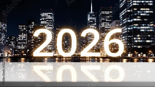 Glowing sparkler 2026 year numbers with city skyline background.