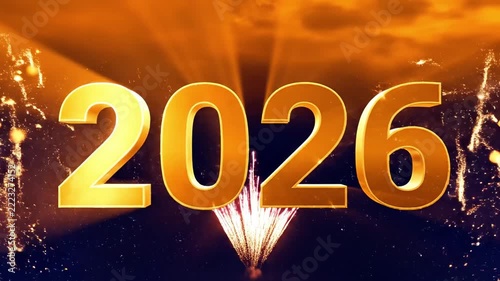 Large golden 2026 numbers with celebratory firework sparks.
