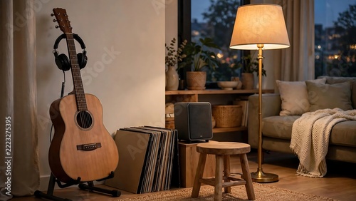 Living room interior with guitar and sofa