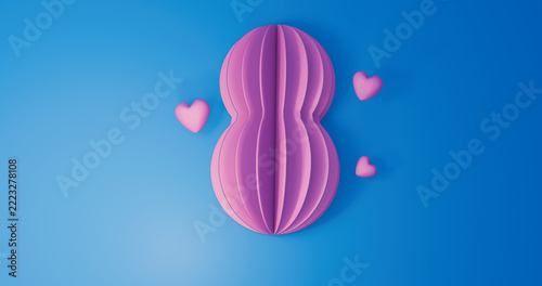 Women's Day background with 3d 8 number, hearts on blue background. Space for text. 3d render.