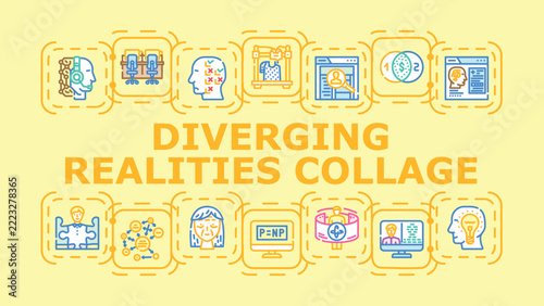 Diverging realities collage banner infographic. Fragment bifurcate, illusion abstract, layered montage icon vector illustration