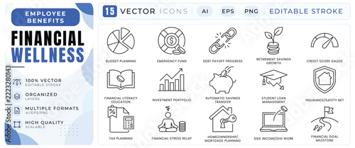 Financial wellness employee benefits vector icon set, including budget planning, debt payoff, investment portfolio, and retirement savings growth symbols
