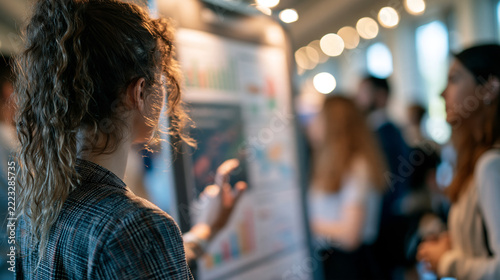 Rear view of a european student presenting research at a university poster session poster with charts and diagrams on a board visitors softly blurred around light hall student poster