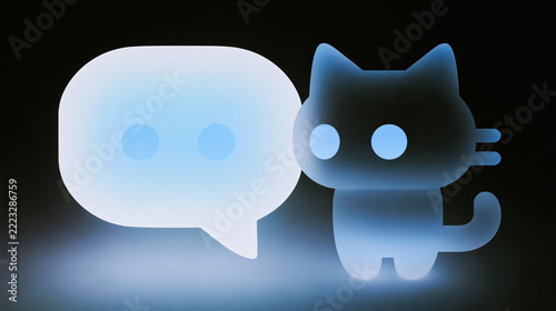 Digital illustration of a blue friendly cat character chatting with speech bubble communication icon on a dark background showing modern technology design concept