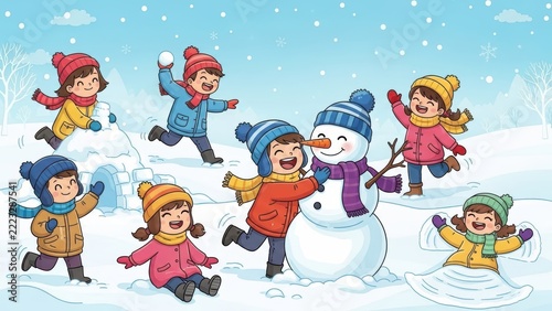 Winter children playing in snow illustration, happy kids building snowman and snow angel, cute cartoon group of children in winter clothes